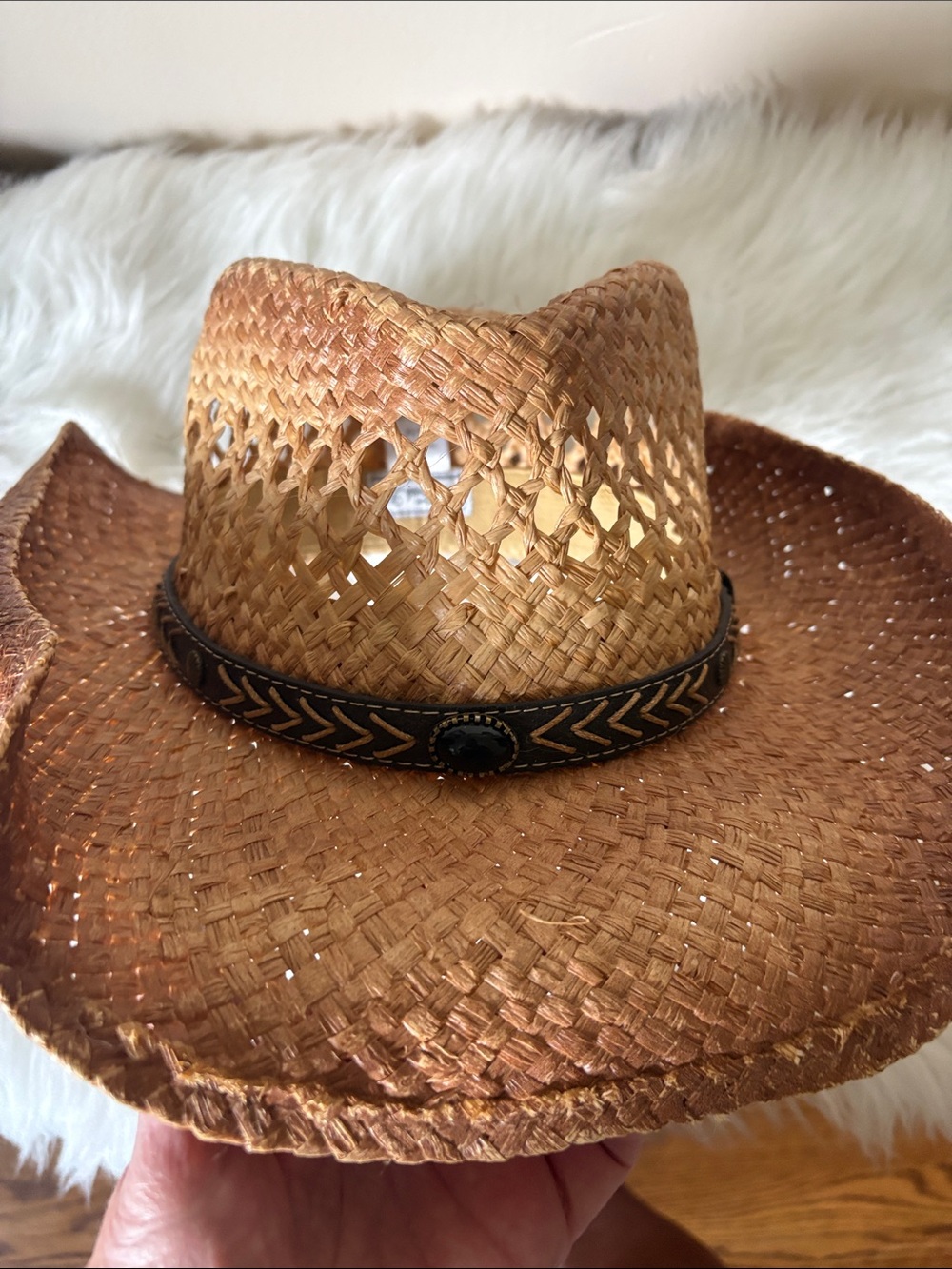 Woven Straw Western Hat with Decorative Band - Brown - Picture 7 of 9